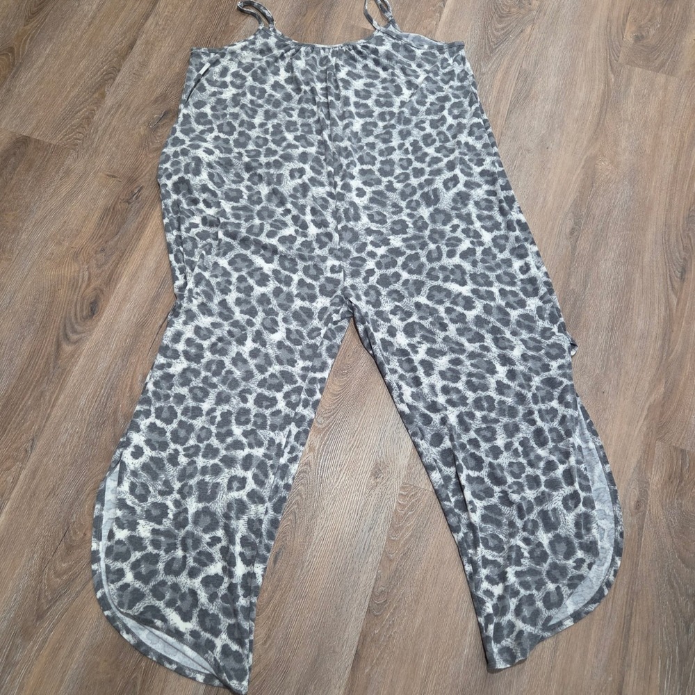 Zenana Leopard Print Wide Leg Jumpsuit Grey White Animal Romper 2X